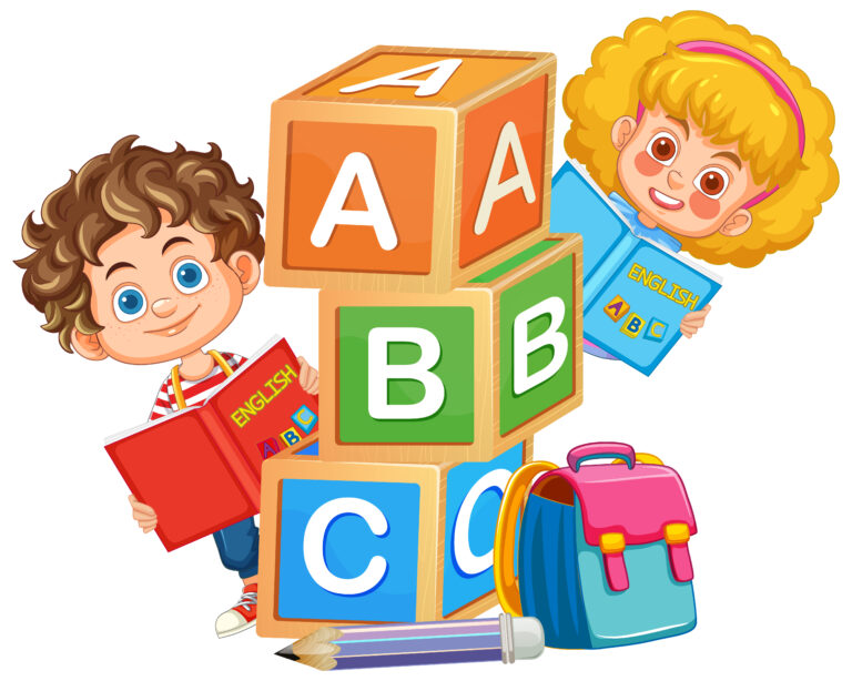 Home children learning with alphabet blocks and books